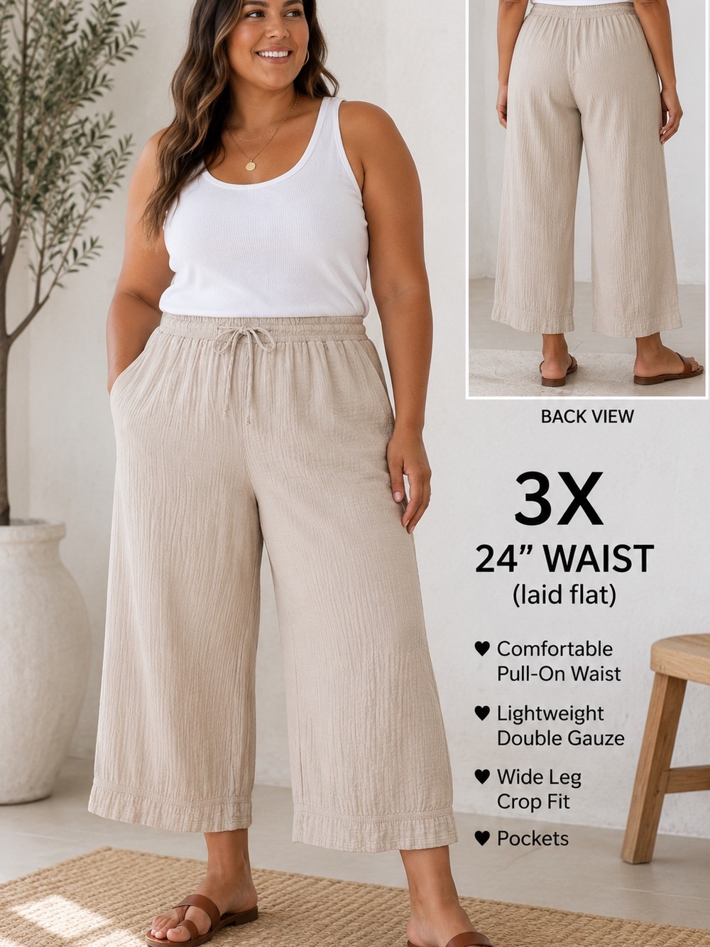 Parachute 3X Double Gauze Wide Leg Crop Pants Beige Pull-On Coastal Boho Pockets